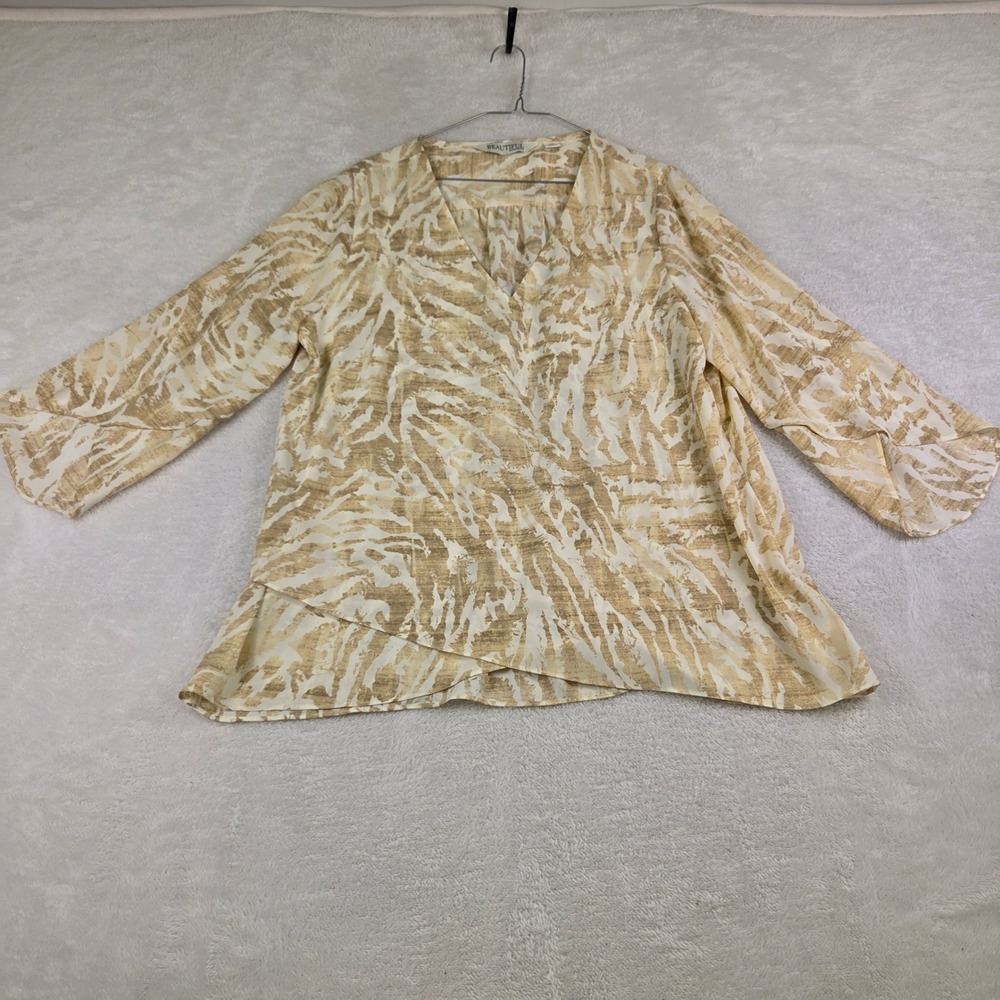 Beautiful by Lawrence Zarian Tan Abstract Print V-Neck Faux Wrap Blouse Medium